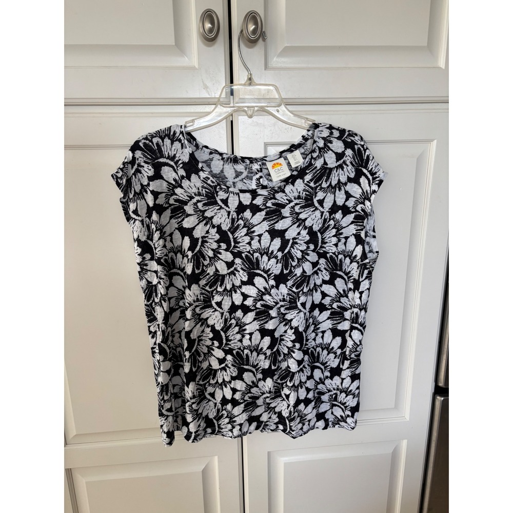 C&C California 100% Linen Black White Floral Button Back Top Large